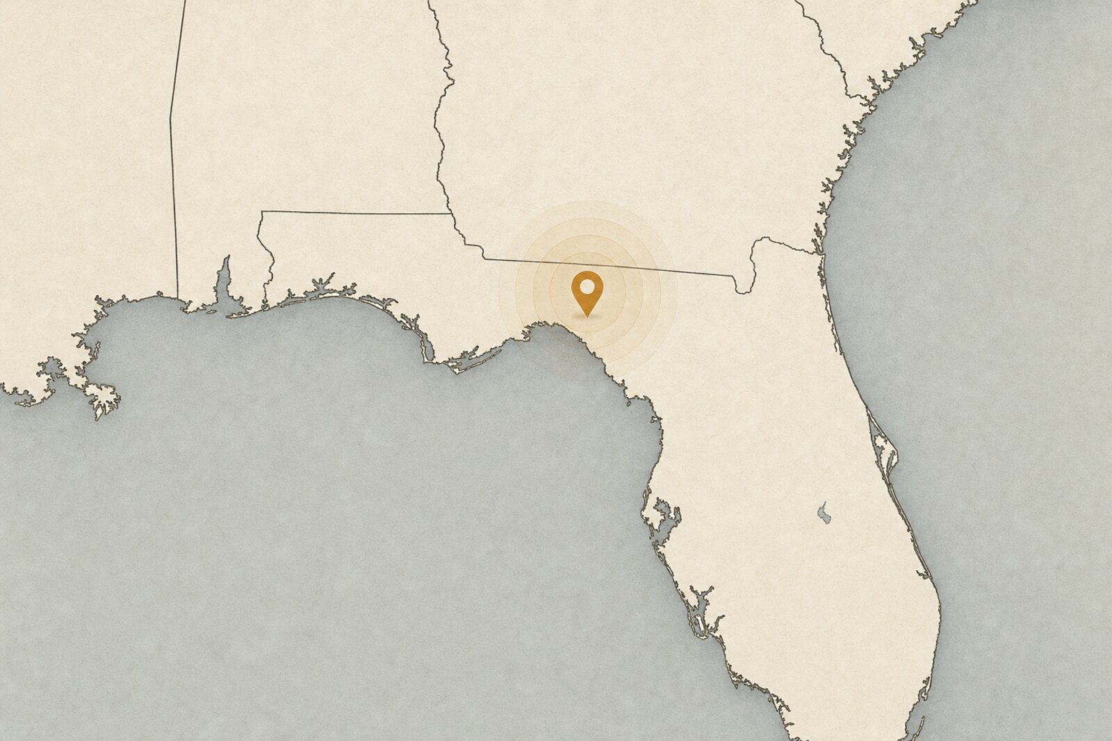 Map of the Chief Cabinets service area centered on Tallahassee, Florida, spanning the Florida Panhandle, South Georgia, and southeast Alabama